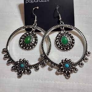 Paparazzi Silver Earrings with Green and Turquoise Accents
